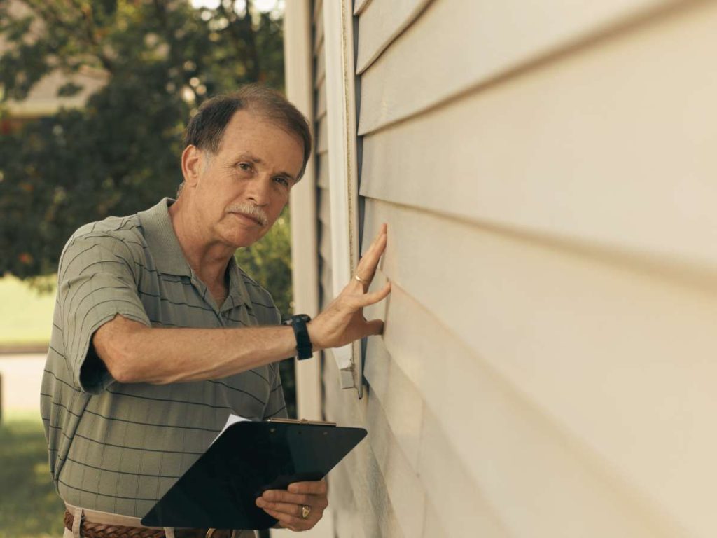 adult male inspecting a home siding